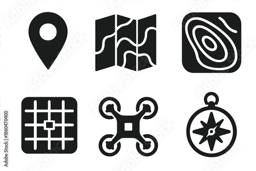 Virtual Mapping Icons. Solid style icons of virtual site mapping tools: GPS marker, topographic map, contour lines, grid