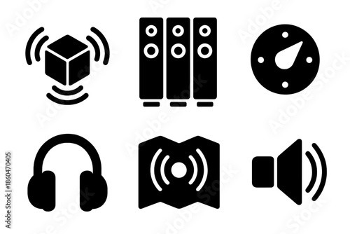 Spatial Audio Icons. Solid style icons of spatial audio composers: 3D sound cube, speaker array, panning dial, headphones,