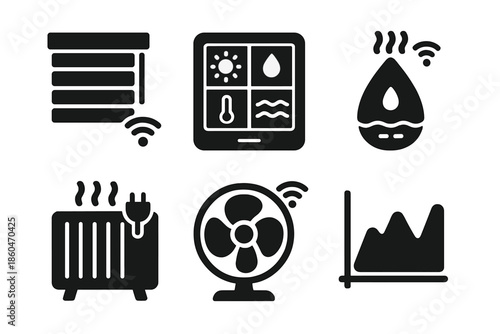 Smart Home Systems Icons. Solid style icons of intelligent indoor systems: automated blinds, environment dashboard, smart