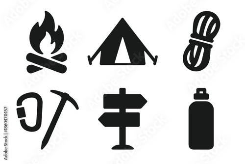 Adventure Icon Set. Solid style icons of adventure exploration symbols: campfire, tent, rope, climbing gear, trail sign, water