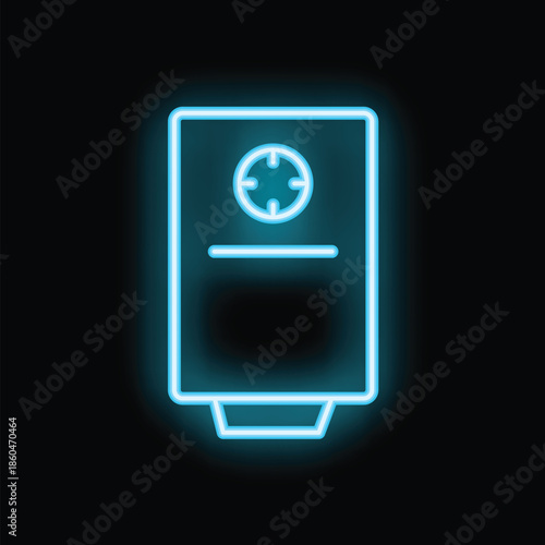 Blue neon icon of a gas water heater glowing against a black background