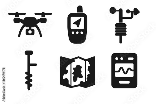 Arctic Study Icons. Solid style icons of arctic field study devices: drone, GPS device, weather sensor, ice corer, satellite map,