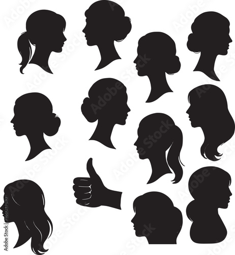 Collection of female silhouettes with various hairstyles