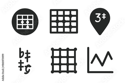Modal Analysis Icons. Solid style icons of modal system analysis: chord chart, scale diagram, interval marker, key signature,