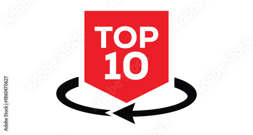 Vibrant red "TOP 10" badge featuring bold black "2025" numerals in a sleek rectangular frame. Red circle "TOP" accent above. Minimalist vector art on white background for rankings, awards, New Year.