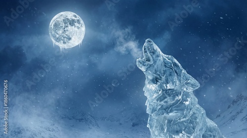A Howling Ice Wolf Sculpture under a Frozen Full Moon