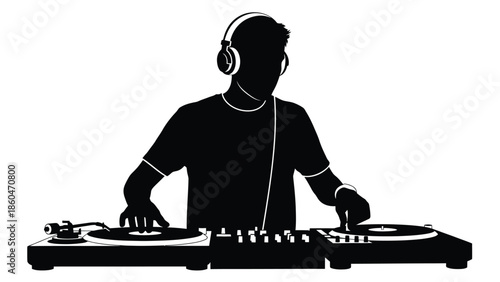 DJ playing music with turntables silhouette vector