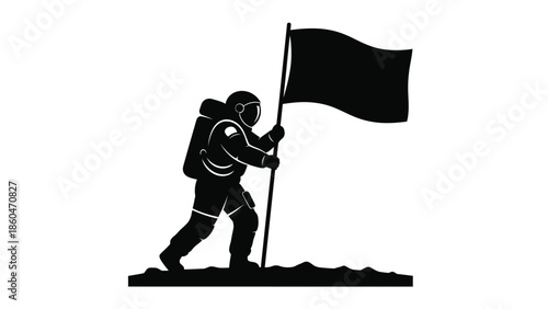 Astronaut planting flag on moon surface silhouette vector