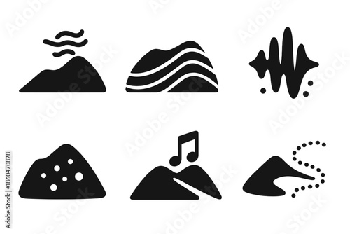 Dune Rhythm Icons. Solid style icons of dune rhythm systems: singing sands, ripple lines, pulse dunes, granular patterns,