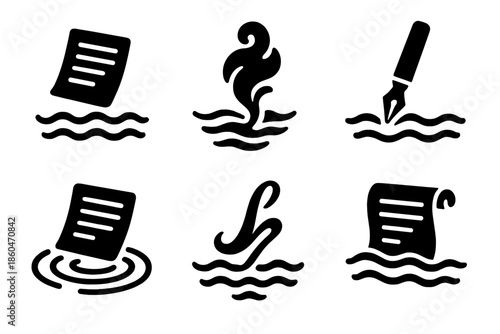Submerged Writing Icons. Solid style icons of submerged writing systems: floating parchments, ink currents, water pens, ripple