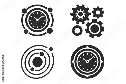 Astronomical Clockwork Mechanisms. Solid style icons of astronomical clockwork: planetary dials, gear arrays, orbit indicators,