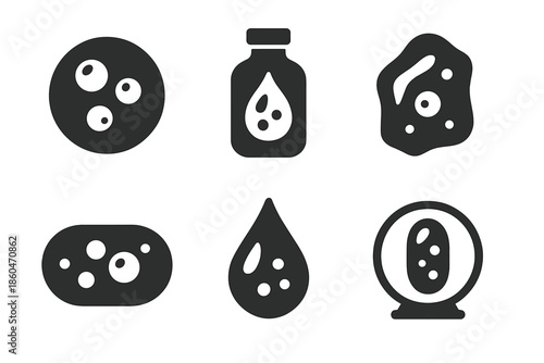 Atmospheric Fossil Icons. Solid style icons of atmospheric fossil collections: trapped air spheres, amber vials, tiny gas pockets,