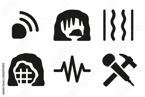 Subterranean Sound Icons. Solid style icons of subterranean sound sculpting: echo waves, stalactites, resonance lines, cave grids,