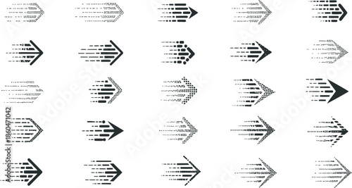 Collection of blurry black arrows on white background