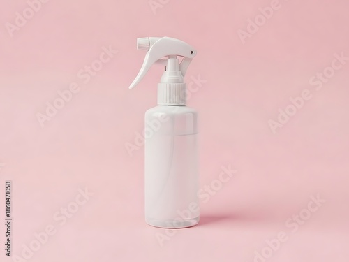 White plastic spray bottle with trigger sprayer, on a light pink background