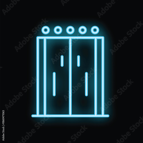 Blue neon icon of an elevator with double doors glowing against a black background
