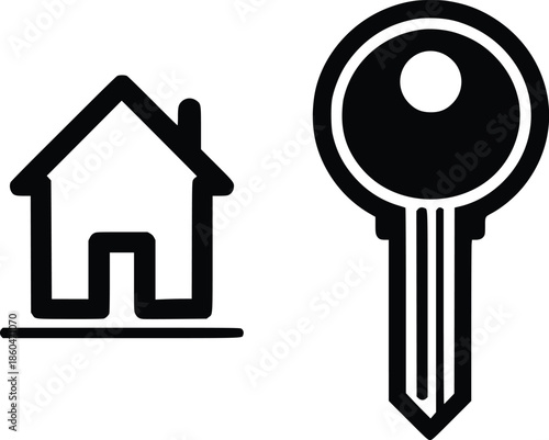 A simple illustration depicting a house and a key side by side