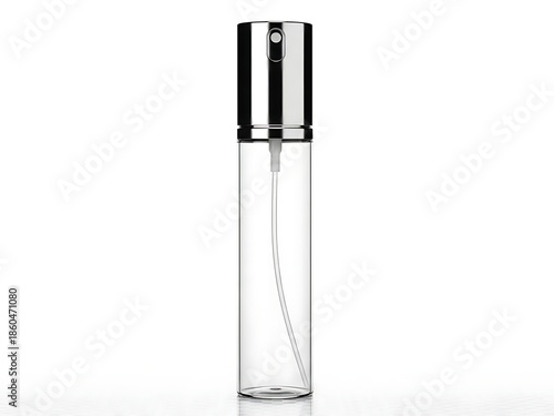 Empty clear glass perfume atomizer spray bottle with silver cap and pump mechanism, isolated on white background