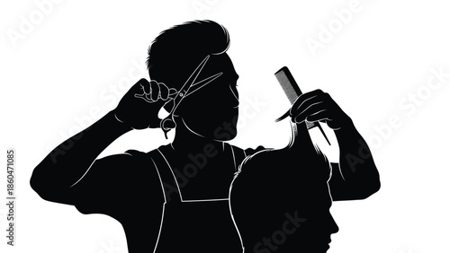 Barber cutting hair with scissors silhouette vector