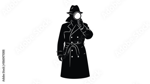 Detective silhouette with magnifying glass and trench coat