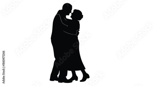 Dancing couple silhouette in romantic embrace on white background