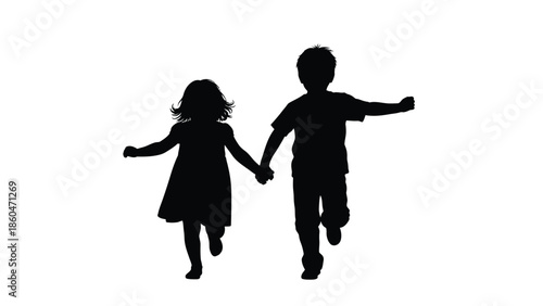 Children holding hands and running silhouette isolated on white