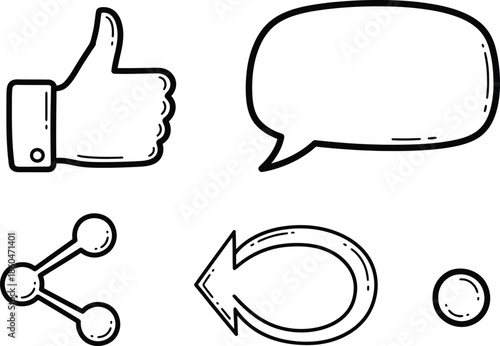 a simple black and white illustration depicts a thumbs up speech bubble share icon and arrow symbols high quality professional detailed