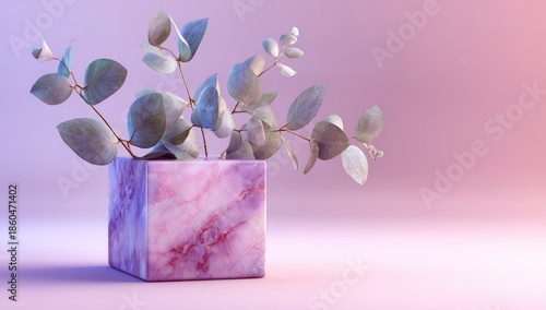 Dusty rose marble cube vase holding a sprig of eucalyptus sits on a soft pink and purple gradient background.  The lighting is soft and ethereal