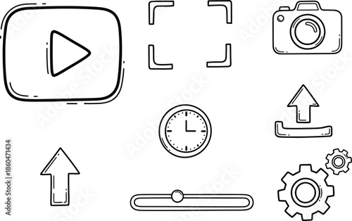 a collection of sketched icons depicting media controls time settings and upload features clearly outlined in black and white high quality