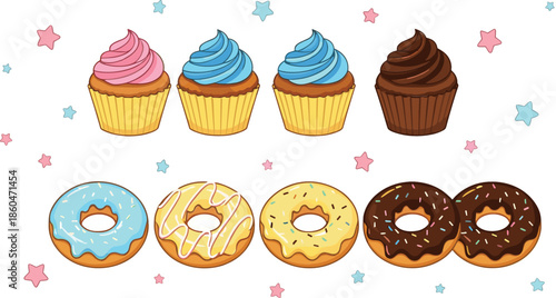 Cute cupcakes and donuts dessert collection with colorful frosting and sprinkles for bakery