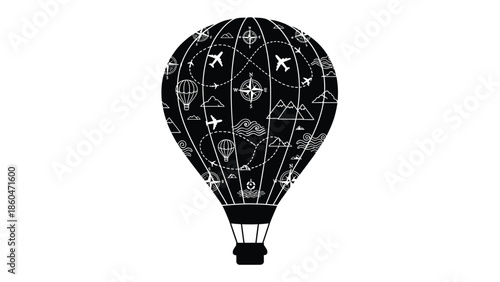 Hot air balloon silhouette with travel and adventure pattern vector