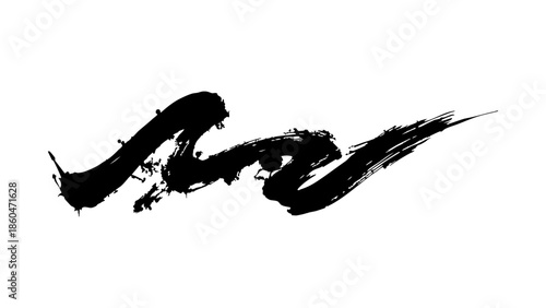 A striking abstract ink painting depicts a dynamic flowing shape resembling a wave or calligraphic stroke