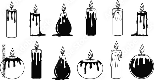 Set of candle silhouettes with melting wax including pillar round and tapered shapes for home decor memorial events and spiritual lighting