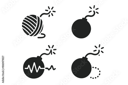 Glowing Thread Icons. Solid style icons of thread with lit fuse: unspooling yarn, glowing fuse, pulse markers, thread paths, spark