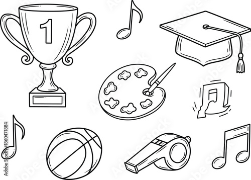 a collection of achievement symbols including a trophy graduation cap art supplies and sports equipment depicted in black and white line art