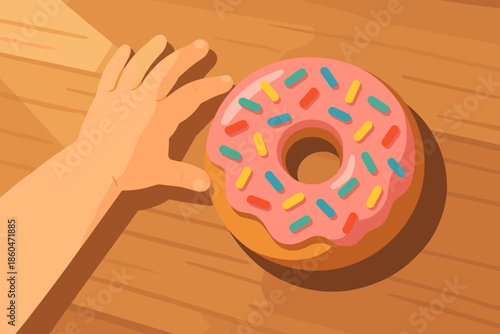 Child Reaching for Donut. Child’s hand reaching for a vector illustration colorful sprinkle-covered donut under warm natural light