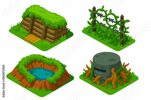 Overgrown War Trenches. Isometric vector illustration set Overgrown War Zones: Trenches with moss, barbed wire hidden in vines,