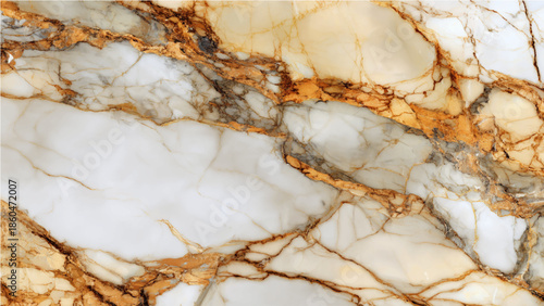 A close up view of a beautiful marble slab featuring intricate golden veining patterns across a white background