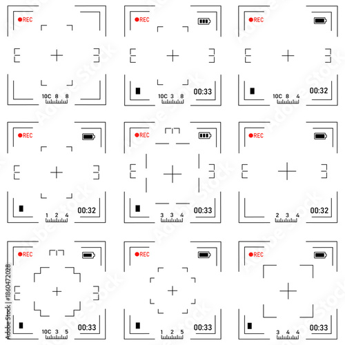 Composition of Viewfinders: A compilation of digital viewfinders, showcasing various interfaces for different cameras and functions, set against a pristine backdrop.
