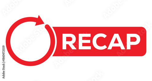 Red recap badge featuring white "RECAP" text with integrated circular arrow icon. Bold minimalist vector design with high contrast on white background. Perfect for year-end recaps, summaries, reviews,