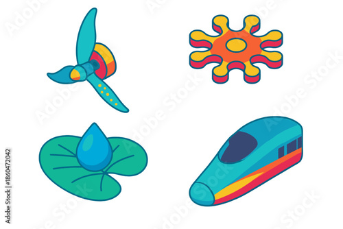 Biomimicry Innovations Icons. Isometric vector illustration set Biomimicry Innovations: Whale fin turbine blade, gecko-inspired