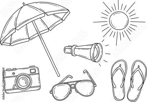 a simple black and white line drawing depicts summer vacation essentials including an umbrella sunglasses and flip flops high quality professional