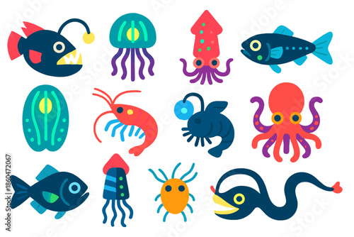 Bioluminescent Sea Icons. Flat vector icons of bioluminescent sea creatures: anglerfish, jellyfish, squid, lanternfish, comb jelly