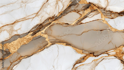 An exquisite close up of a marble slab showcasing golden veins intertwined with creamy white and grey tones