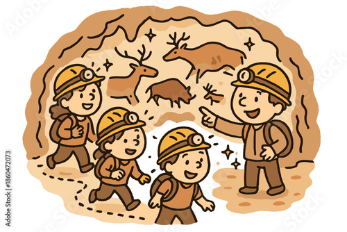 Cave Exploration Adventure. Joyful doodle cave exploration with smiling tourists, cartoon headlamps, cheerful guided paths, and