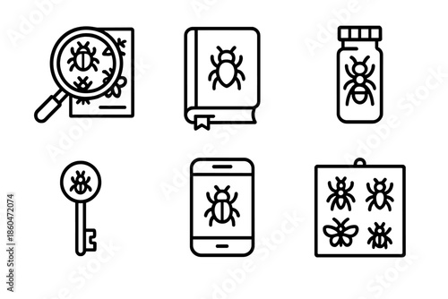 Pest Identification Tools. Line style icons of Pest Identification Tools: magnified insect chart, field notebook, sample in vial,