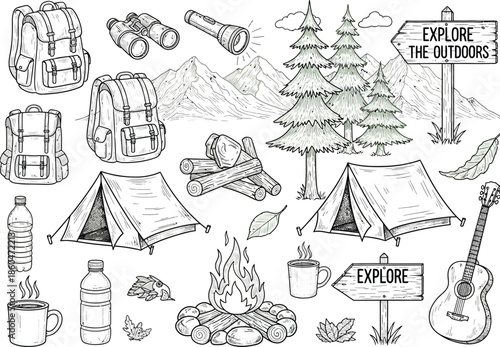A detailed sketch showcases camping essentials like backpacks tents binoculars and a campfire alongside natural elements such as trees and mountains