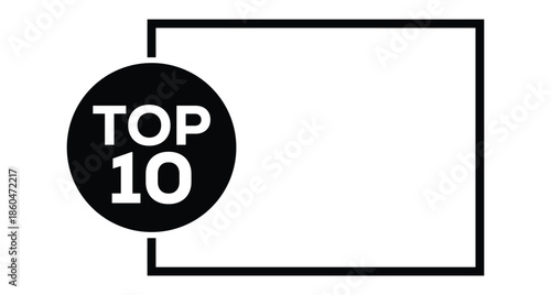 Vibrant red "TOP 10" badge featuring bold black "2025" numerals in a sleek rectangular frame. Red circle "TOP" accent above. Minimalist vector art on white background for rankings, awards, New Year.