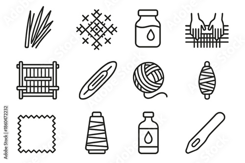 Cultural Weaving Icons. Line style icons of Cultural Weaving: Reed, Decorative Pattern, Dye, Craft Method; Loom, Shuttle, Yarn,