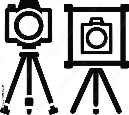 Black and white icons depicting a camera on a tripod and a framed picture
